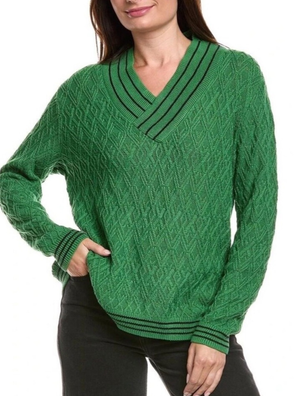 CAbi Green V-Neck Cable Knit Sweater with Striped Trim